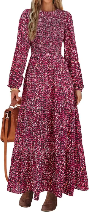 PRETTYGARDEN Women's Spring Dresses 2025 Long Sleeve Flowy Casual Floral Maxi Dress Crew Neck Smocked Tiered Long Dress