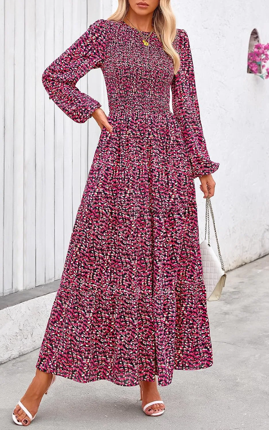 PRETTYGARDEN Women's Spring Dresses 2025 Long Sleeve Flowy Casual Floral Maxi Dress Crew Neck Smocked Tiered Long Dress