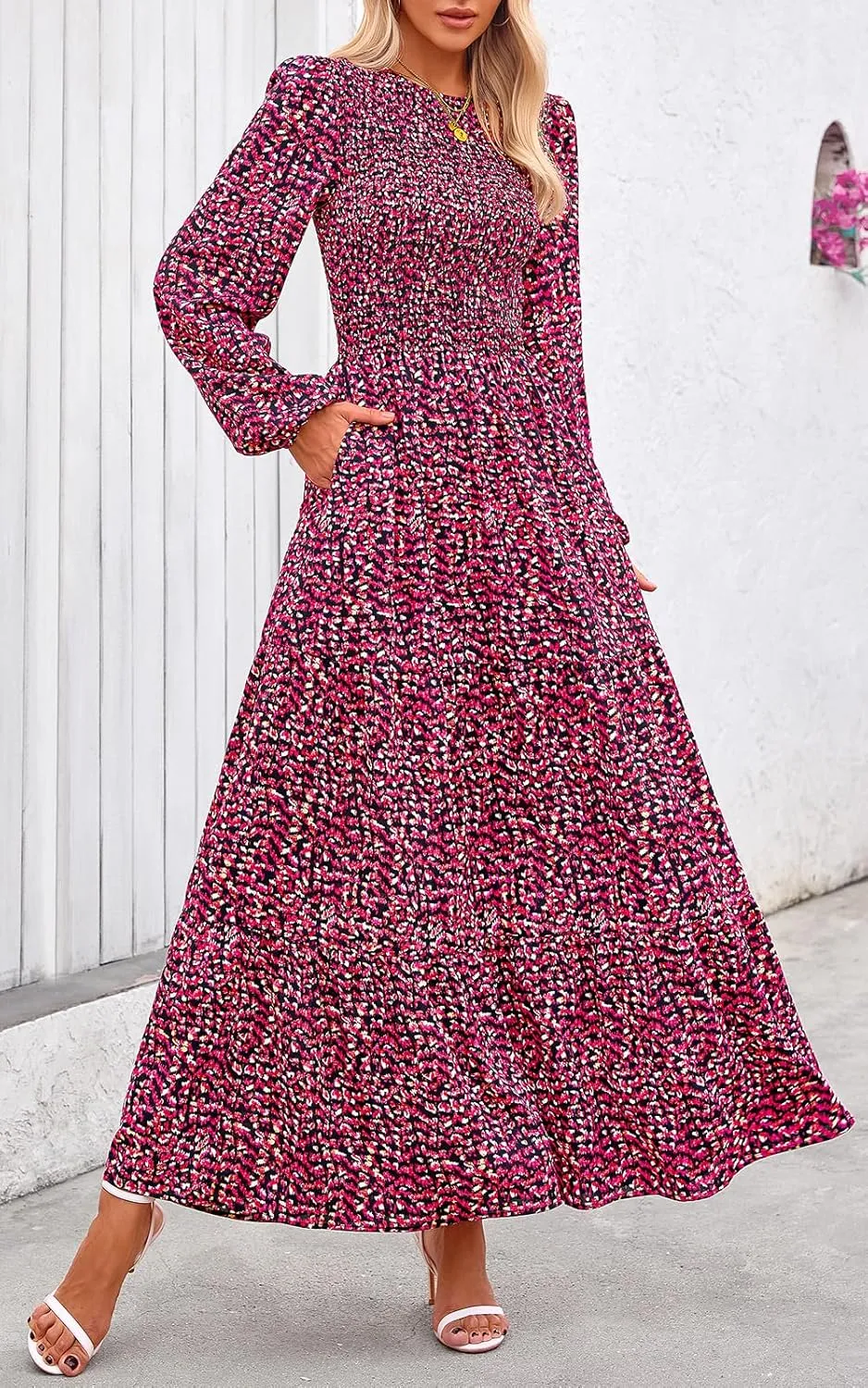 PRETTYGARDEN Women's Spring Dresses 2025 Long Sleeve Flowy Casual Floral Maxi Dress Crew Neck Smocked Tiered Long Dress