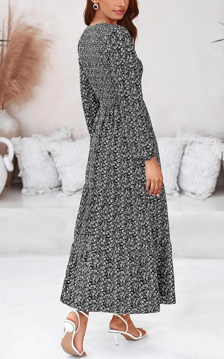 PRETTYGARDEN Women's Spring Dresses 2025 Long Sleeve Flowy Casual Floral Maxi Dress Crew Neck Smocked Tiered Long Dress