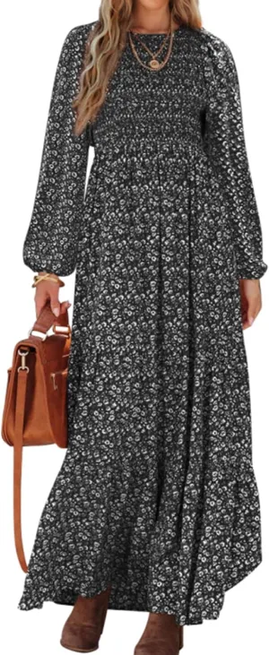 PRETTYGARDEN Women's Spring Dresses 2025 Long Sleeve Flowy Casual Floral Maxi Dress Crew Neck Smocked Tiered Long Dress