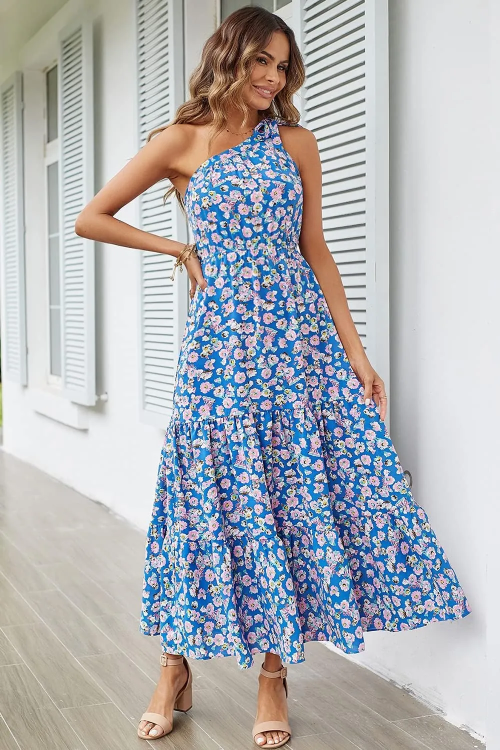 PRETTYGARDEN Women's Summer Floral One Shoulder Maxi Dress Knot Ruffle Boho Beach Vacation Wedding Guest Long Dresses