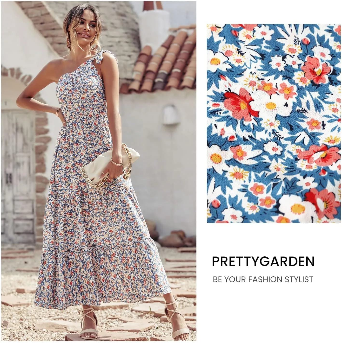 PRETTYGARDEN Women's Summer Floral One Shoulder Maxi Dress Knot Ruffle Boho Beach Vacation Wedding Guest Long Dresses
