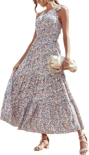 PRETTYGARDEN Women's Summer Floral One Shoulder Maxi Dress Knot Ruffle Boho Beach Vacation Wedding Guest Long Dresses