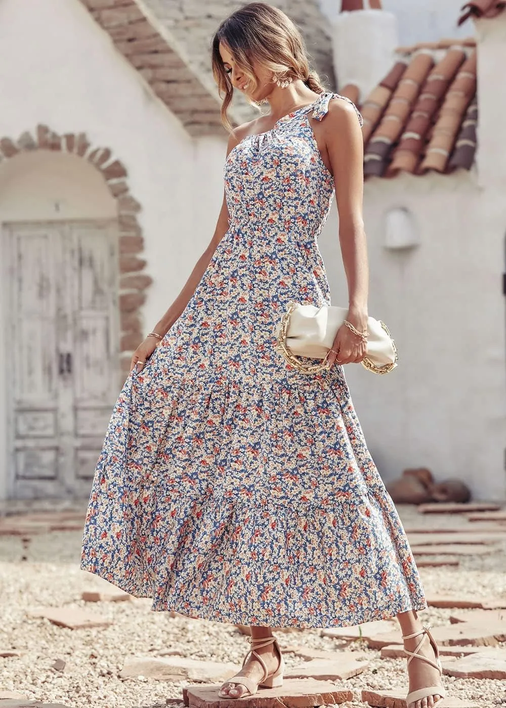 PRETTYGARDEN Women's Summer Floral One Shoulder Maxi Dress Knot Ruffle Boho Beach Vacation Wedding Guest Long Dresses