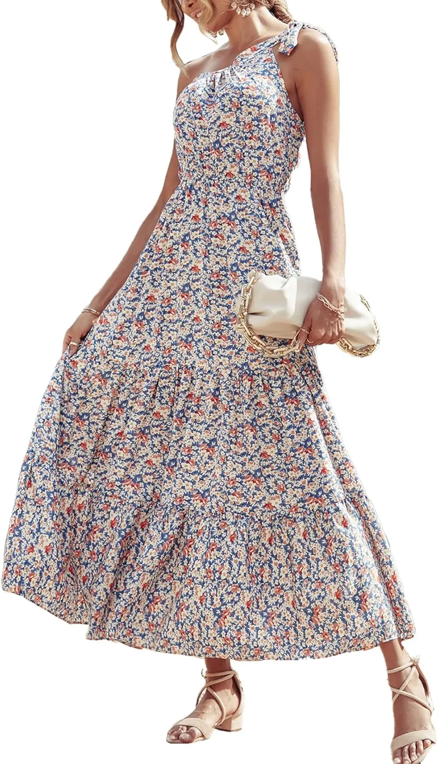 PRETTYGARDEN Women's Summer Floral One Shoulder Maxi Dress Knot Ruffle Boho Beach Vacation Wedding Guest Long Dresses