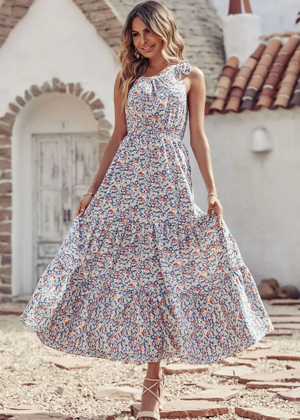 PRETTYGARDEN Women's Summer Floral One Shoulder Maxi Dress Knot Ruffle Boho Beach Vacation Wedding Guest Long Dresses