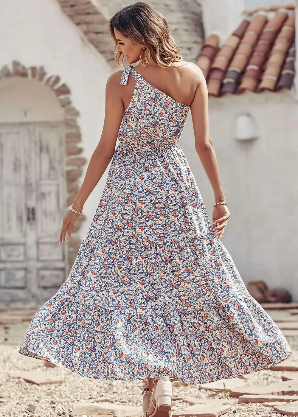 PRETTYGARDEN Women's Summer Floral One Shoulder Maxi Dress Knot Ruffle Boho Beach Vacation Wedding Guest Long Dresses