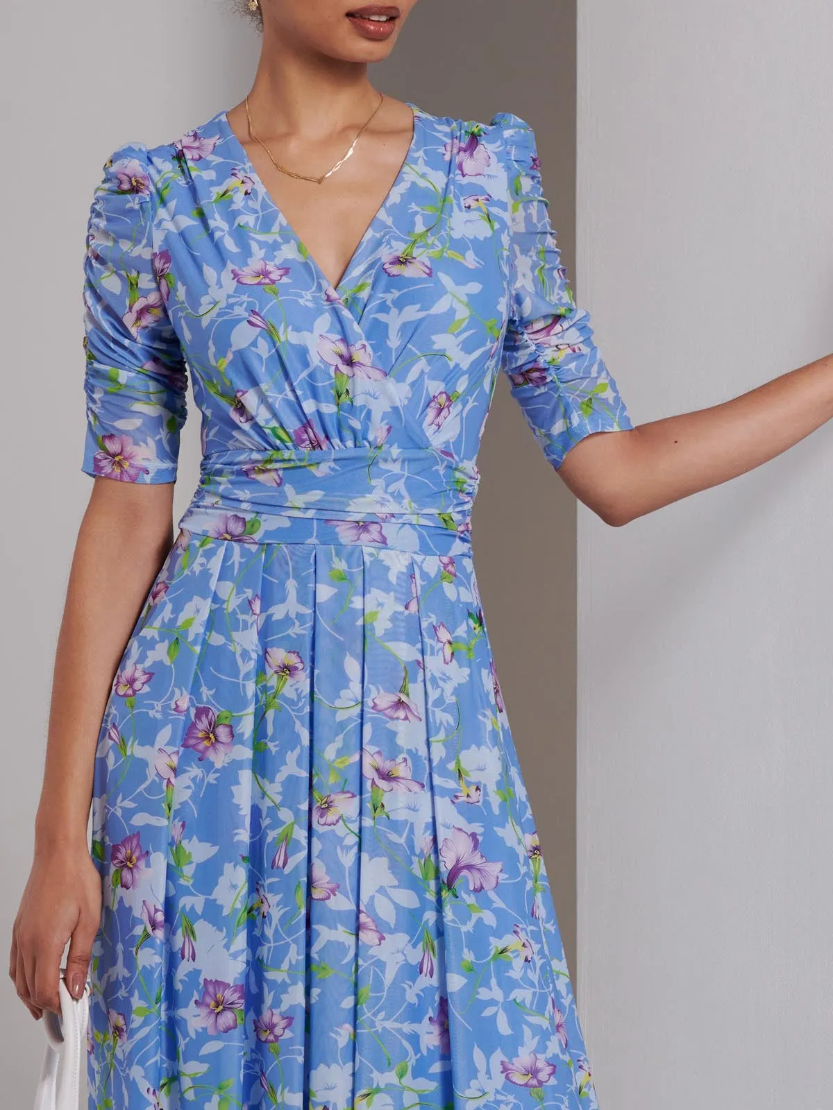Print Dip Hem Mesh Maxi Dress, Blue Floral