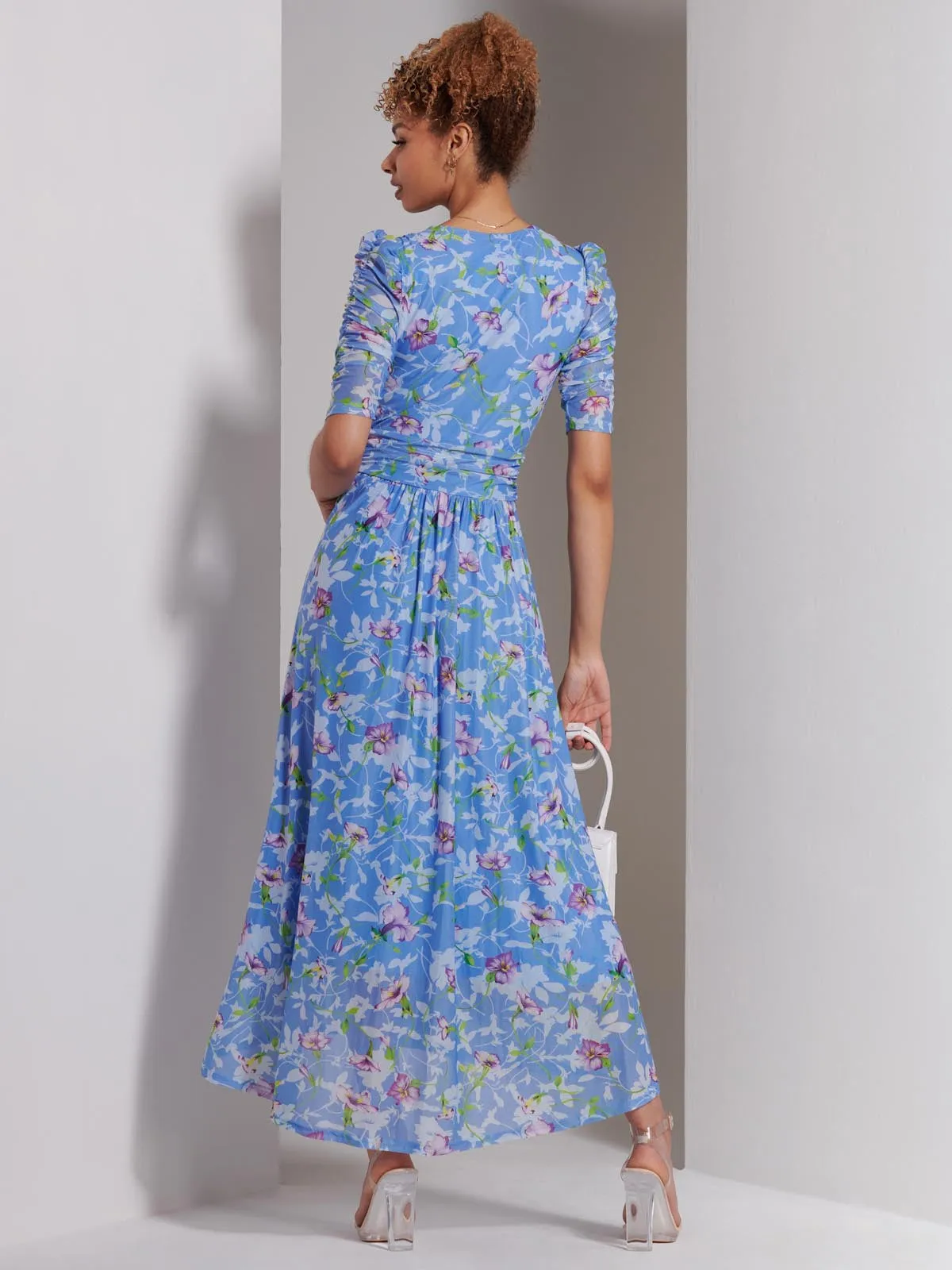 Print Dip Hem Mesh Maxi Dress, Blue Floral