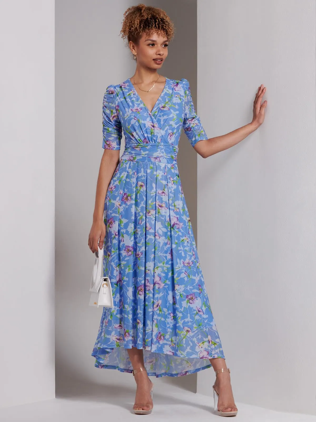 Print Dip Hem Mesh Maxi Dress, Blue Floral