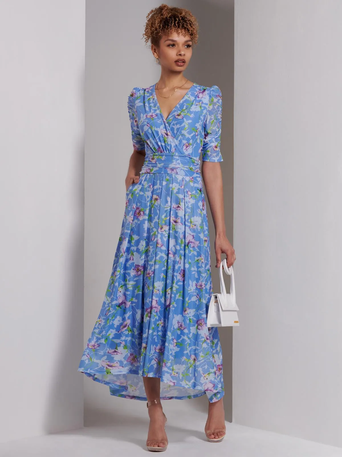 Print Dip Hem Mesh Maxi Dress, Blue Floral