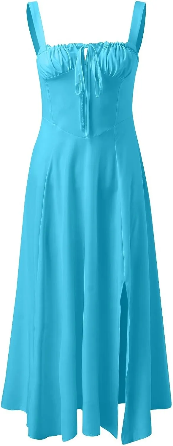 PTOLOCIF Sexy Sundresses for Women 2025 Summer Spaghetti Strap Dress Sleeveless Low Cut Bust Dress Beach Party Maxi Dresses