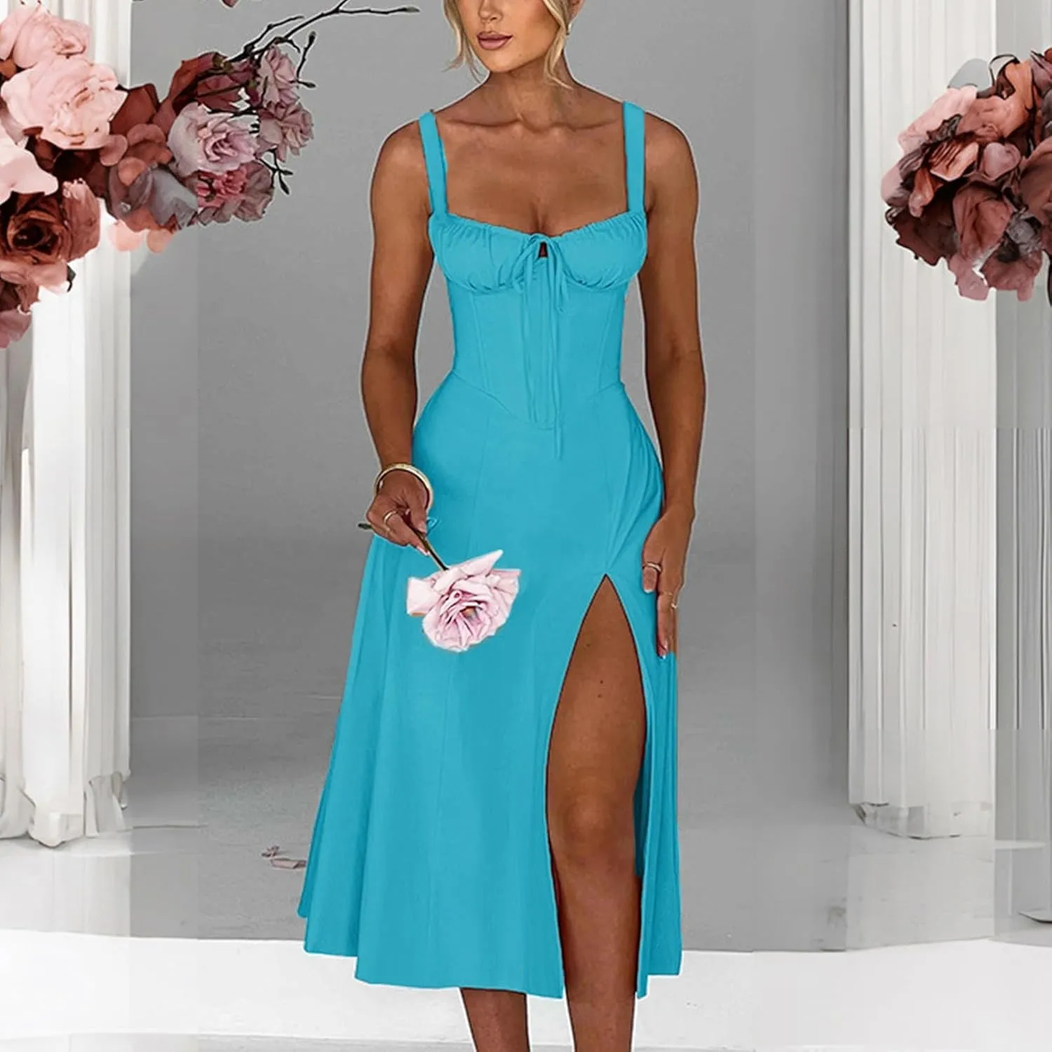 PTOLOCIF Sexy Sundresses for Women 2025 Summer Spaghetti Strap Dress Sleeveless Low Cut Bust Dress Beach Party Maxi Dresses