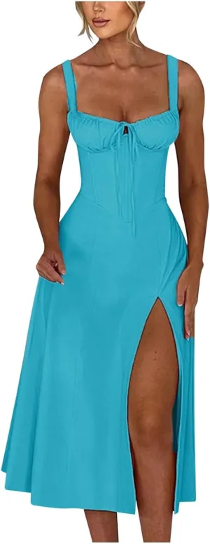 PTOLOCIF Sexy Sundresses for Women 2025 Summer Spaghetti Strap Dress Sleeveless Low Cut Bust Dress Beach Party Maxi Dresses