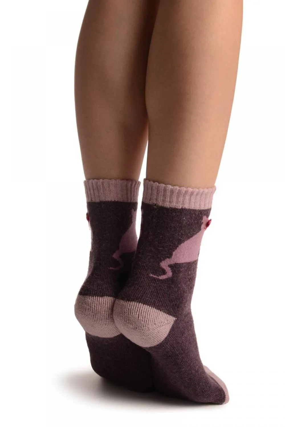 Purple With Cute Cat & Satin Bow Angora Ankle High Socks