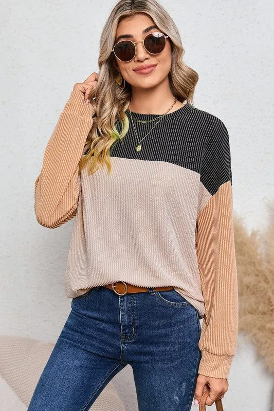 Ribbed color block tunic top