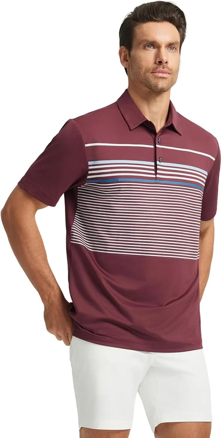 Rouen Mens Polo Shirts Short Sleeve Dry Fit Lightweight Performance Casual Athletic Striped Print Golf Shirts for Men