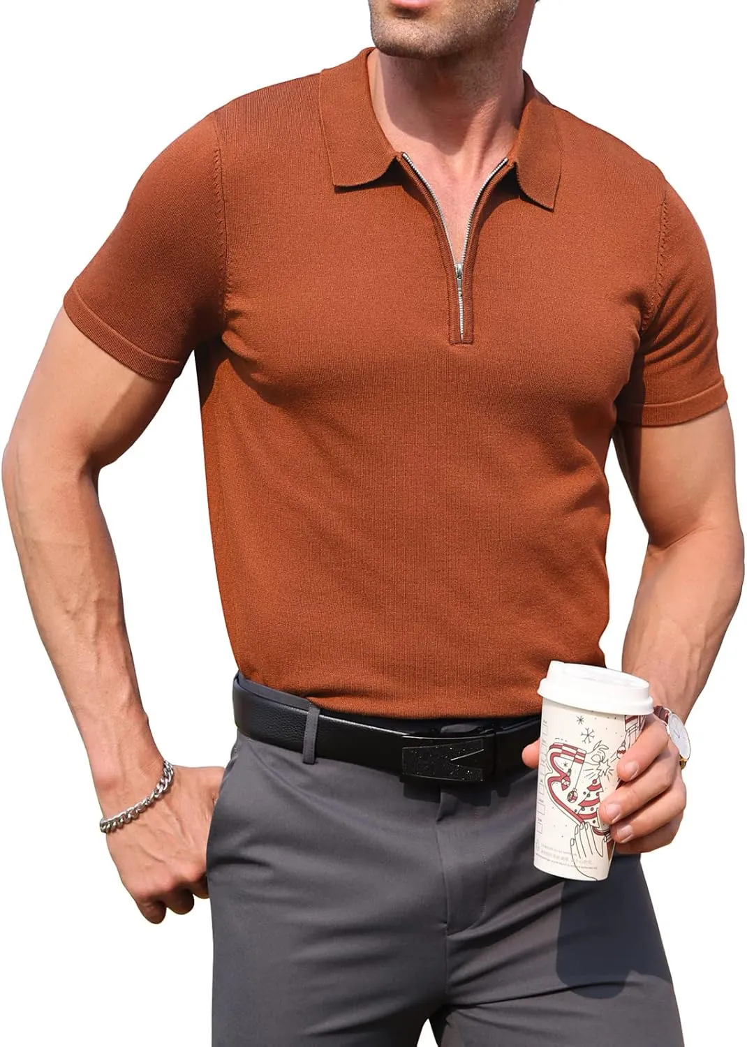 RQP Mens Zipper Polo Shirts Knit Casual Shirts Short/Long Sleeve,Stretch Slim Fit Golf Shirts,Soft Pullover