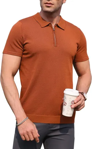 RQP Mens Zipper Polo Shirts Knit Casual Shirts Short/Long Sleeve,Stretch Slim Fit Golf Shirts,Soft Pullover