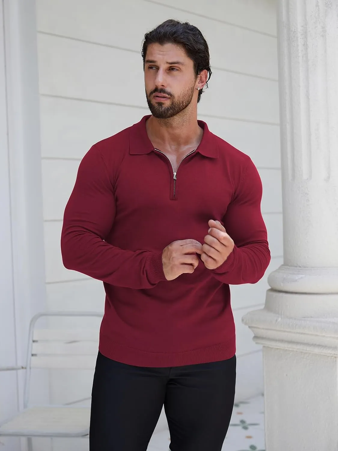 RQP Mens Zipper Polo Shirts Knit Casual Shirts Short/Long Sleeve,Stretch Slim Fit Golf Shirts,Soft Pullover