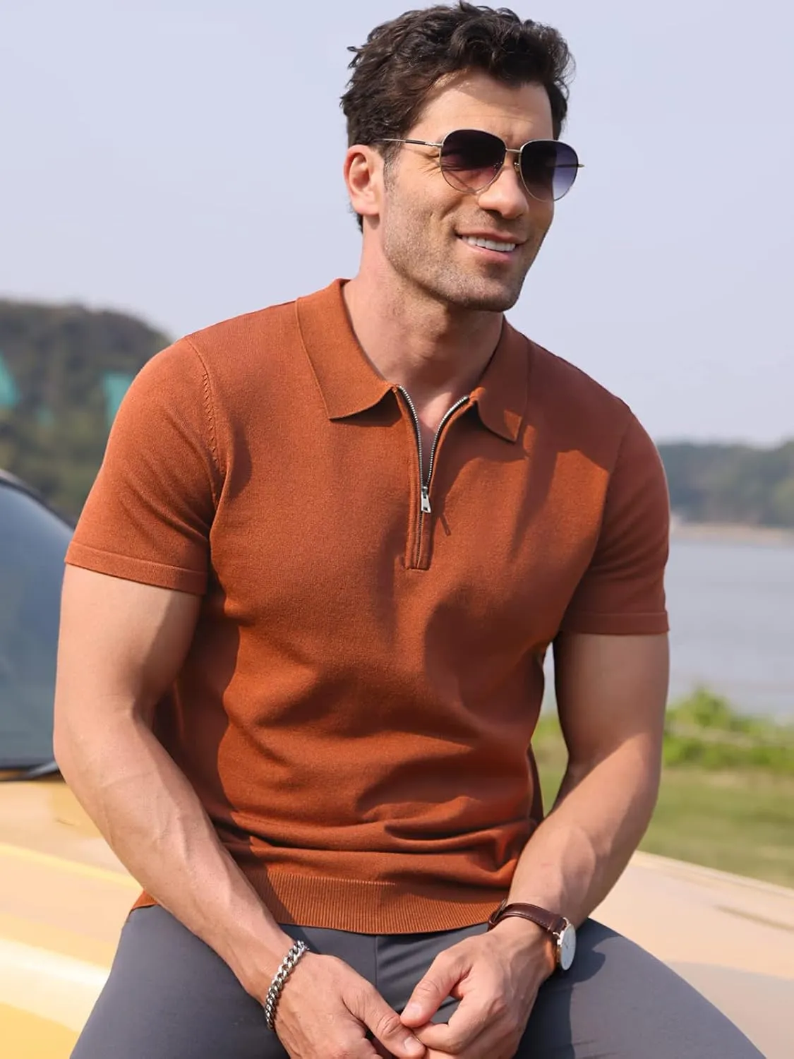 RQP Mens Zipper Polo Shirts Knit Casual Shirts Short/Long Sleeve,Stretch Slim Fit Golf Shirts,Soft Pullover