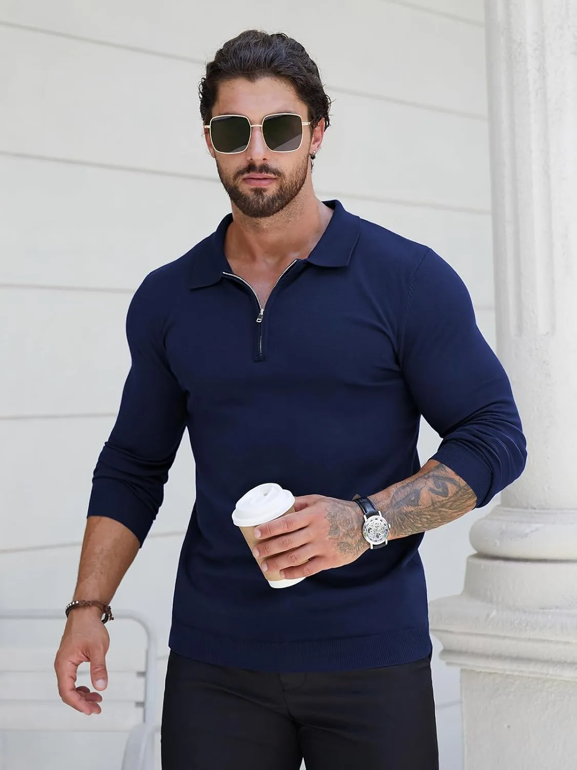 RQP Mens Zipper Polo Shirts Knit Casual Shirts Short/Long Sleeve,Stretch Slim Fit Golf Shirts,Soft Pullover