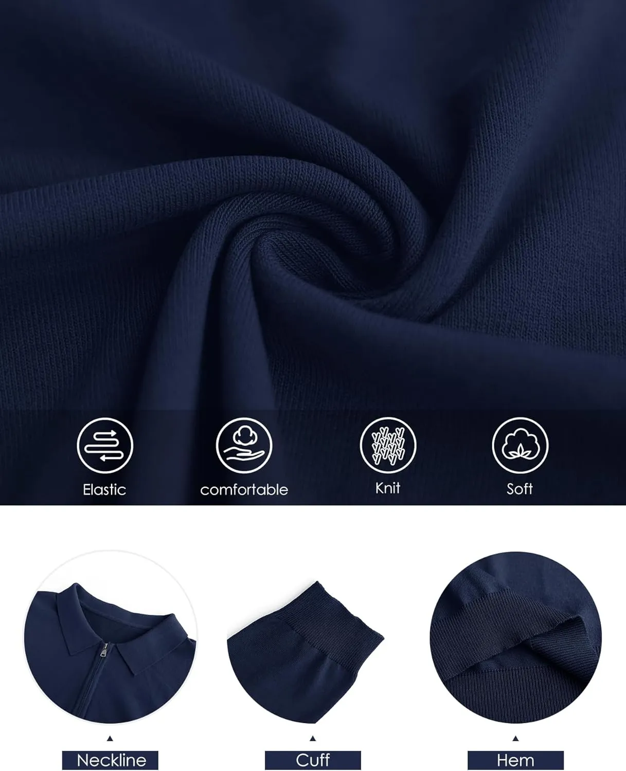RQP Mens Zipper Polo Shirts Knit Casual Shirts Short/Long Sleeve,Stretch Slim Fit Golf Shirts,Soft Pullover