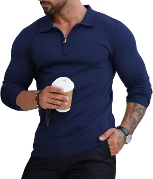 RQP Mens Zipper Polo Shirts Knit Casual Shirts Short/Long Sleeve,Stretch Slim Fit Golf Shirts,Soft Pullover