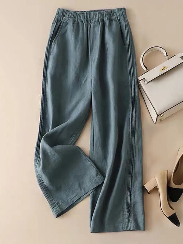 Ruffle Ramie Cotton Elasticity Loose Casual Wide-Leg Pants