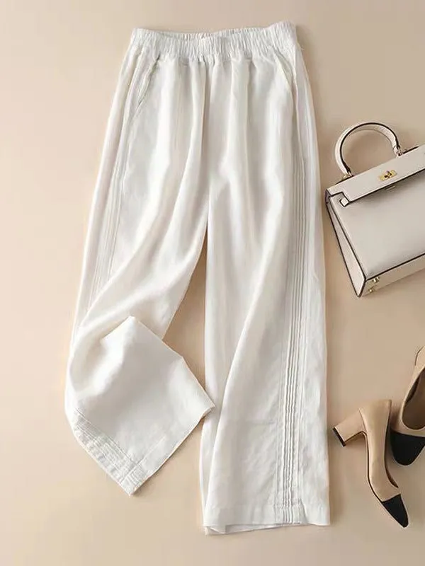 Ruffle Ramie Cotton Elasticity Loose Casual Wide-Leg Pants