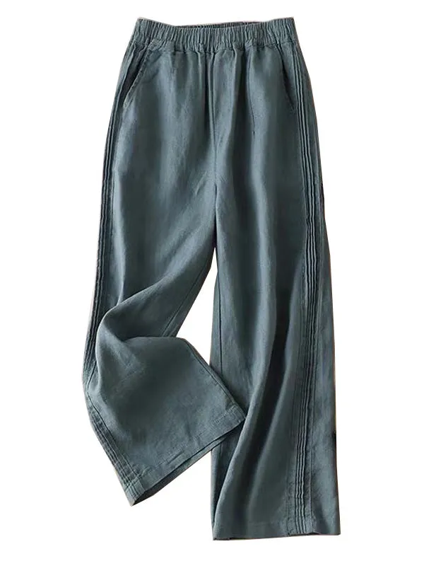 Ruffle Ramie Cotton Elasticity Loose Casual Wide-Leg Pants