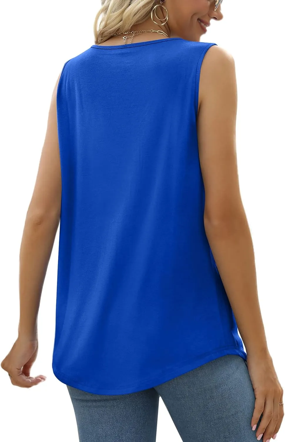Saloogoe Summer Tank Tops for Women Loose Fit Pleated Tunics Scoop Neck Sleeveless Lace Tops Curved Hem Flowy