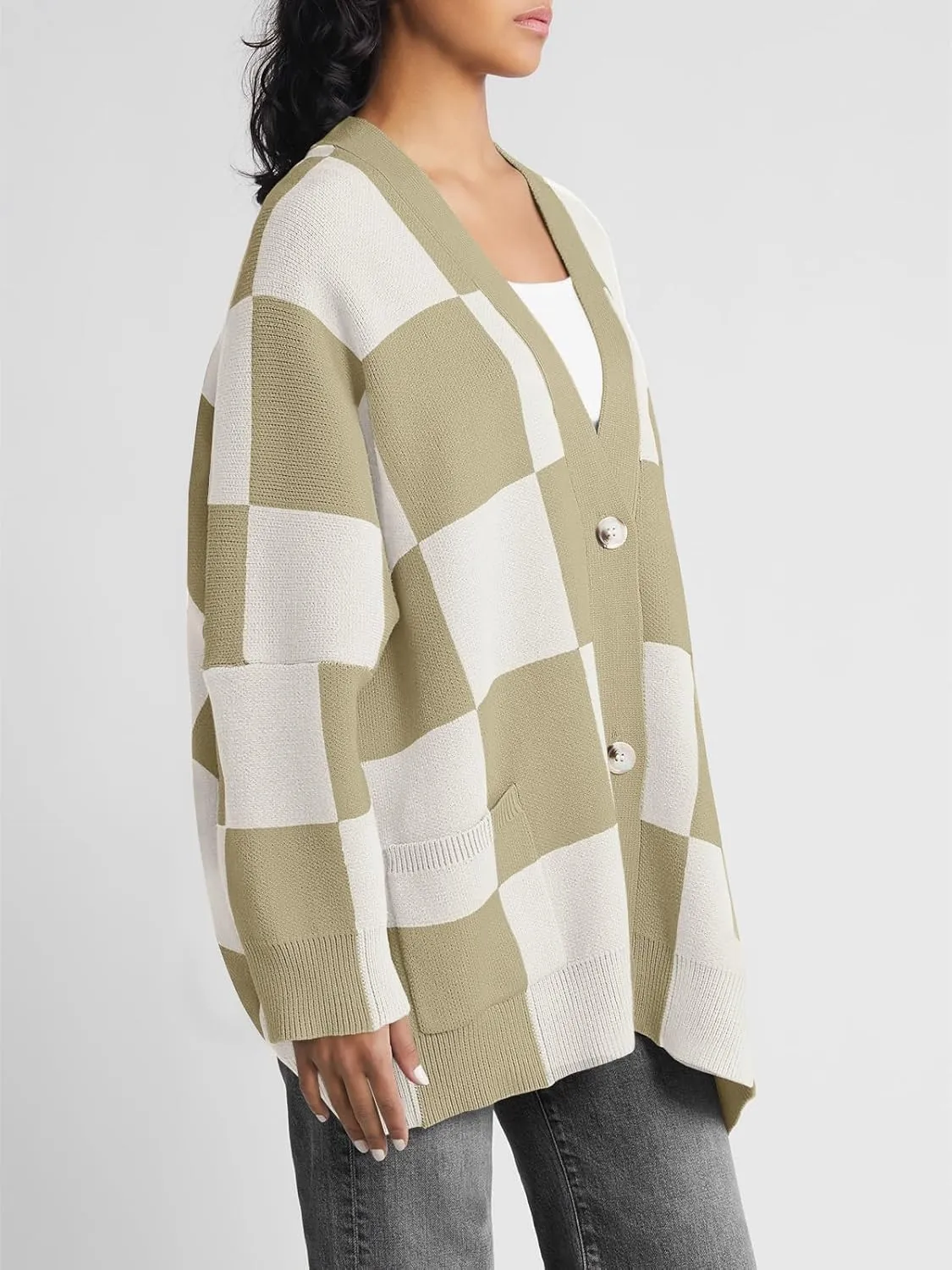 Saodimallsu Womens Checkered Sweater Color Block Plaid Oversized Cardigan Long Sleeve V Neck Button Down Knit Coats