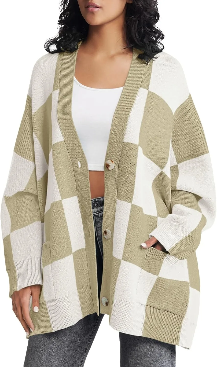Saodimallsu Womens Checkered Sweater Color Block Plaid Oversized Cardigan Long Sleeve V Neck Button Down Knit Coats