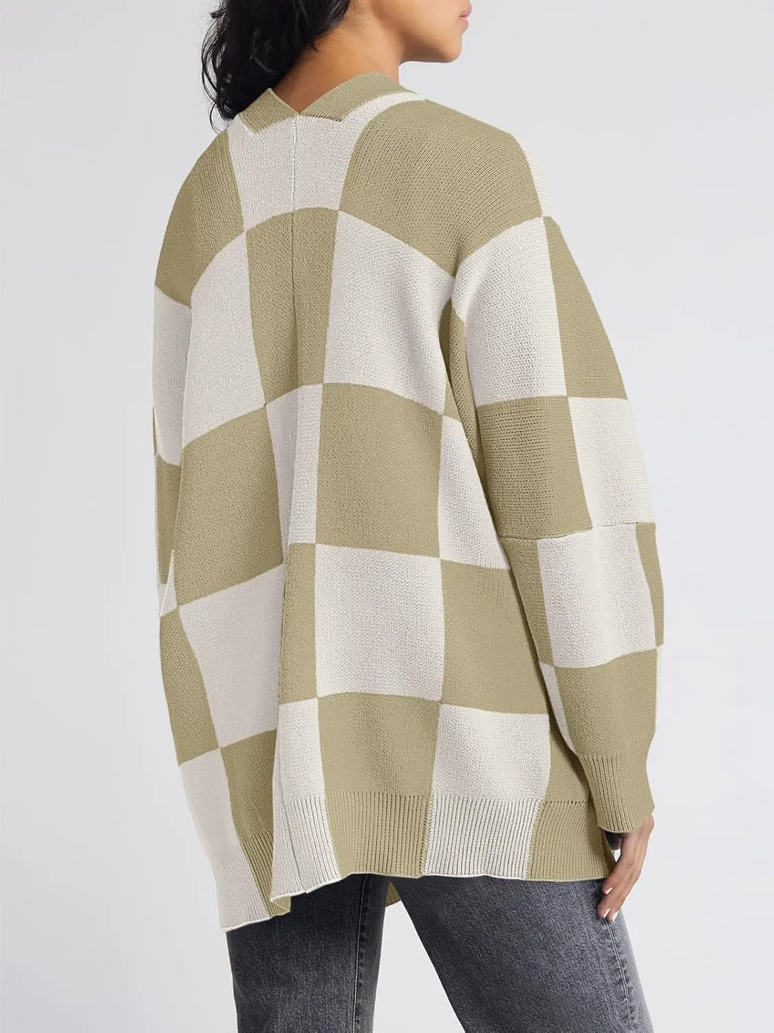 Saodimallsu Womens Checkered Sweater Color Block Plaid Oversized Cardigan Long Sleeve V Neck Button Down Knit Coats