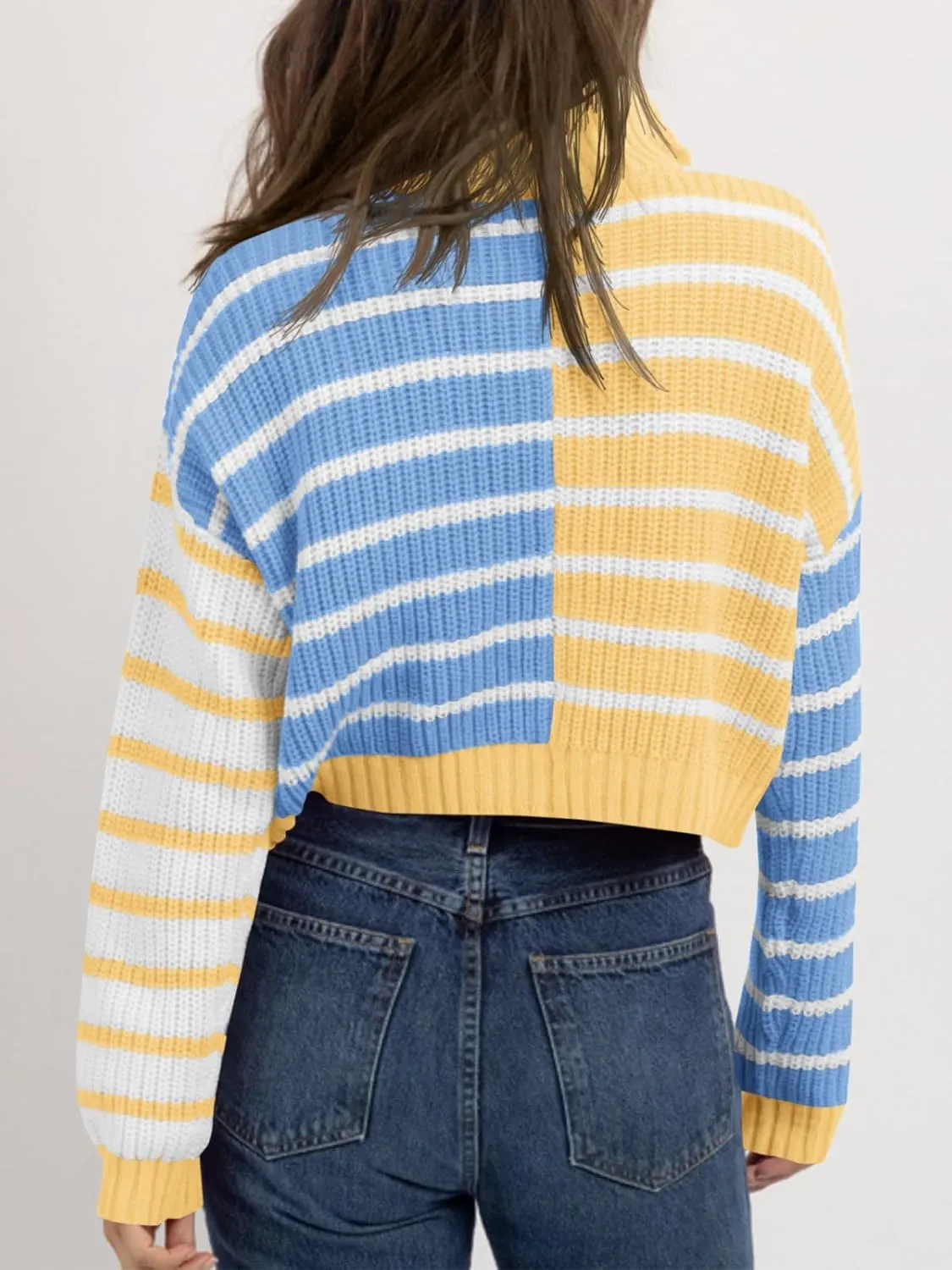 Saodimallsu Womens Striped Cropped Sweater Color Block Zip Up Long Sleeve Mock Neck Loose Pullover Jumpers