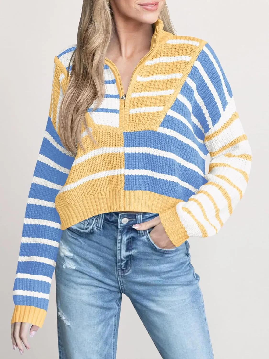Saodimallsu Womens Striped Cropped Sweater Color Block Zip Up Long Sleeve Mock Neck Loose Pullover Jumpers