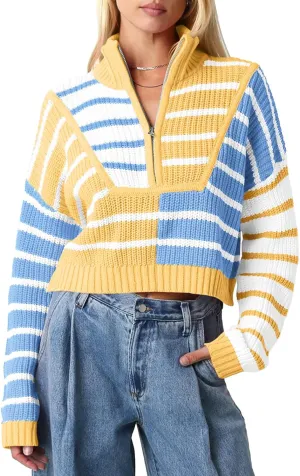 Saodimallsu Womens Striped Cropped Sweater Color Block Zip Up Long Sleeve Mock Neck Loose Pullover Jumpers