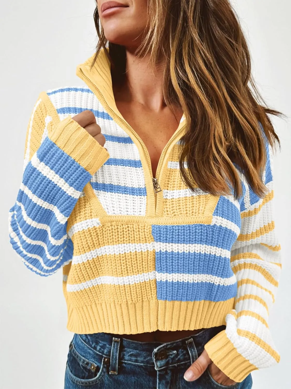 Saodimallsu Womens Striped Cropped Sweater Color Block Zip Up Long Sleeve Mock Neck Loose Pullover Jumpers