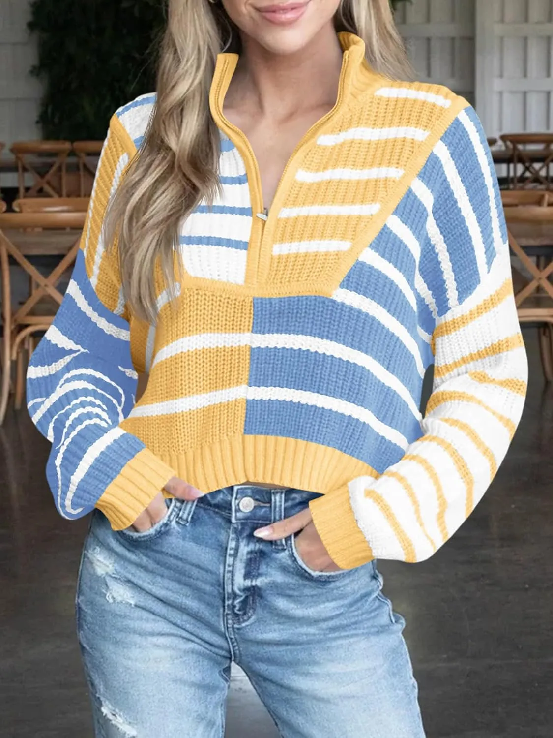 Saodimallsu Womens Striped Cropped Sweater Color Block Zip Up Long Sleeve Mock Neck Loose Pullover Jumpers