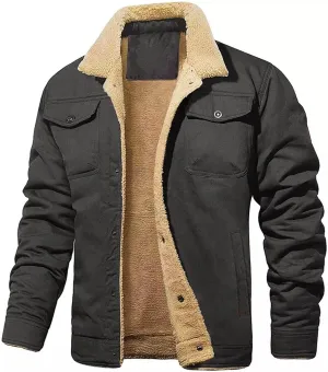 Sherpa Lined Jacket Men Fleece Warm Fuzzy Winter Coats Trucker Lapel Work Cargo Jackets Casual Overcoat with Button