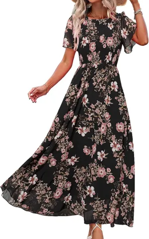 Simplee Womens Summer Floral Casual Maxi Dresses Flutter Short Sleeve Crew Neck Smocked Chiffon Boho Flowy Dress