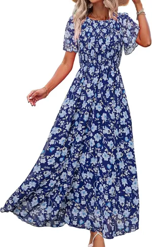 Simplee Womens Summer Floral Casual Maxi Dresses Flutter Short Sleeve Crew Neck Smocked Chiffon Boho Flowy Dress