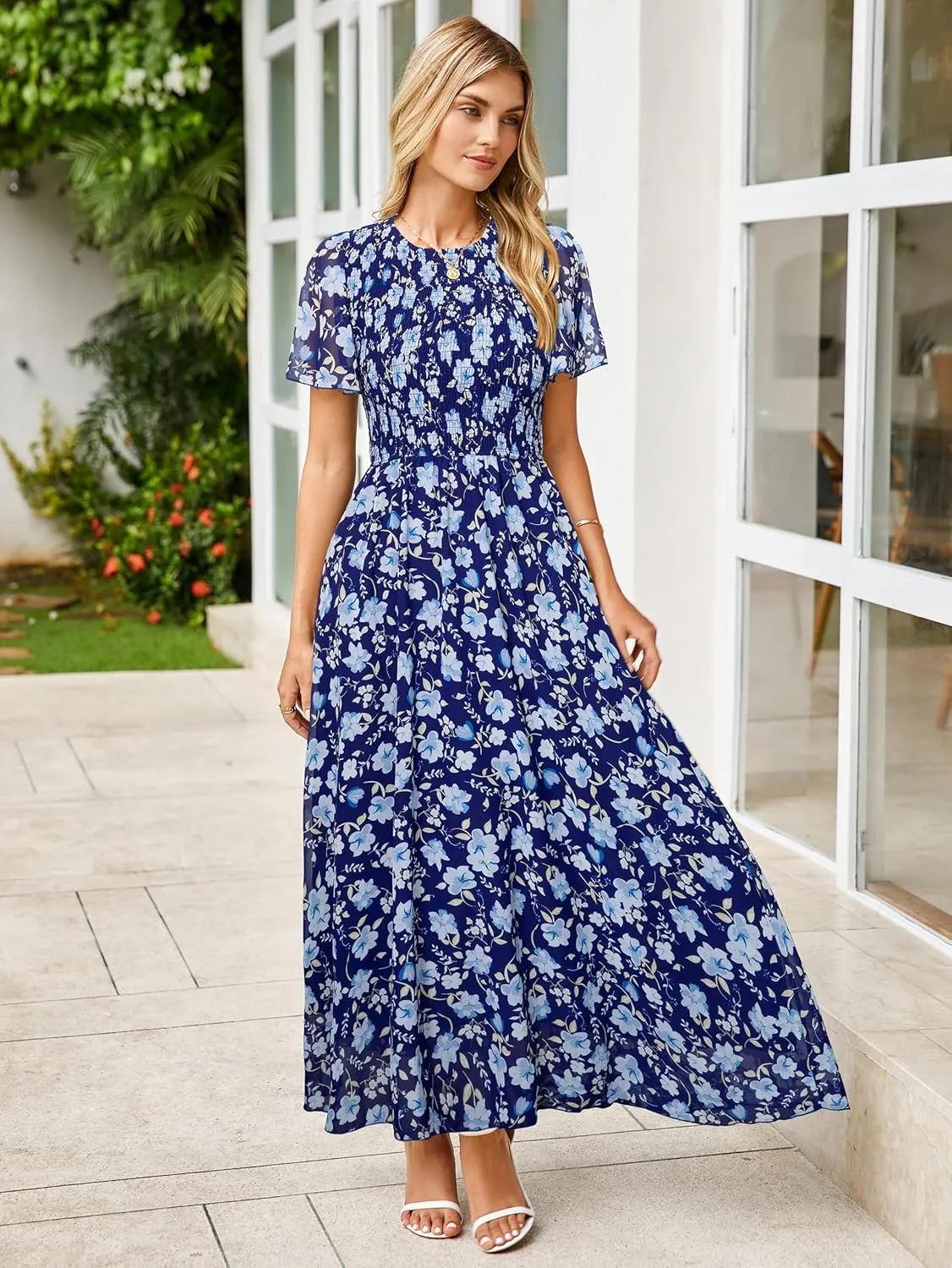 Simplee Womens Summer Floral Casual Maxi Dresses Flutter Short Sleeve Crew Neck Smocked Chiffon Boho Flowy Dress