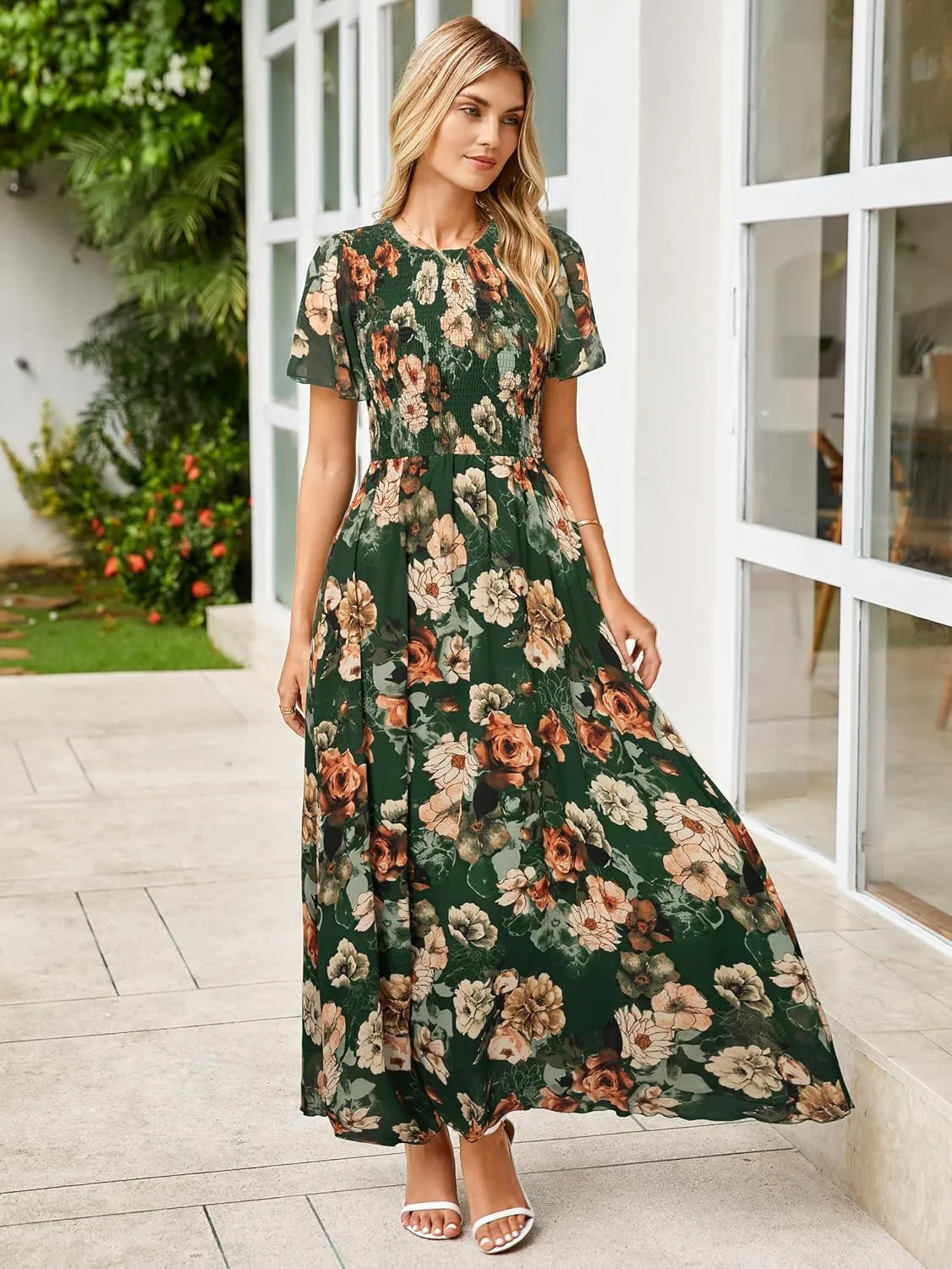Simplee Womens Summer Floral Casual Maxi Dresses Flutter Short Sleeve Crew Neck Smocked Chiffon Boho Flowy Dress