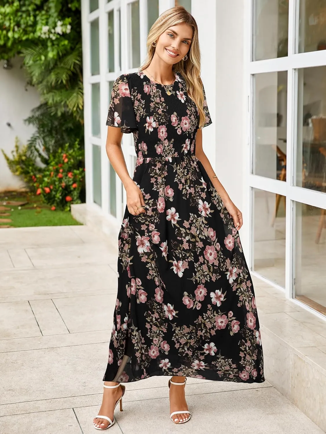 Simplee Womens Summer Floral Casual Maxi Dresses Flutter Short Sleeve Crew Neck Smocked Chiffon Boho Flowy Dress