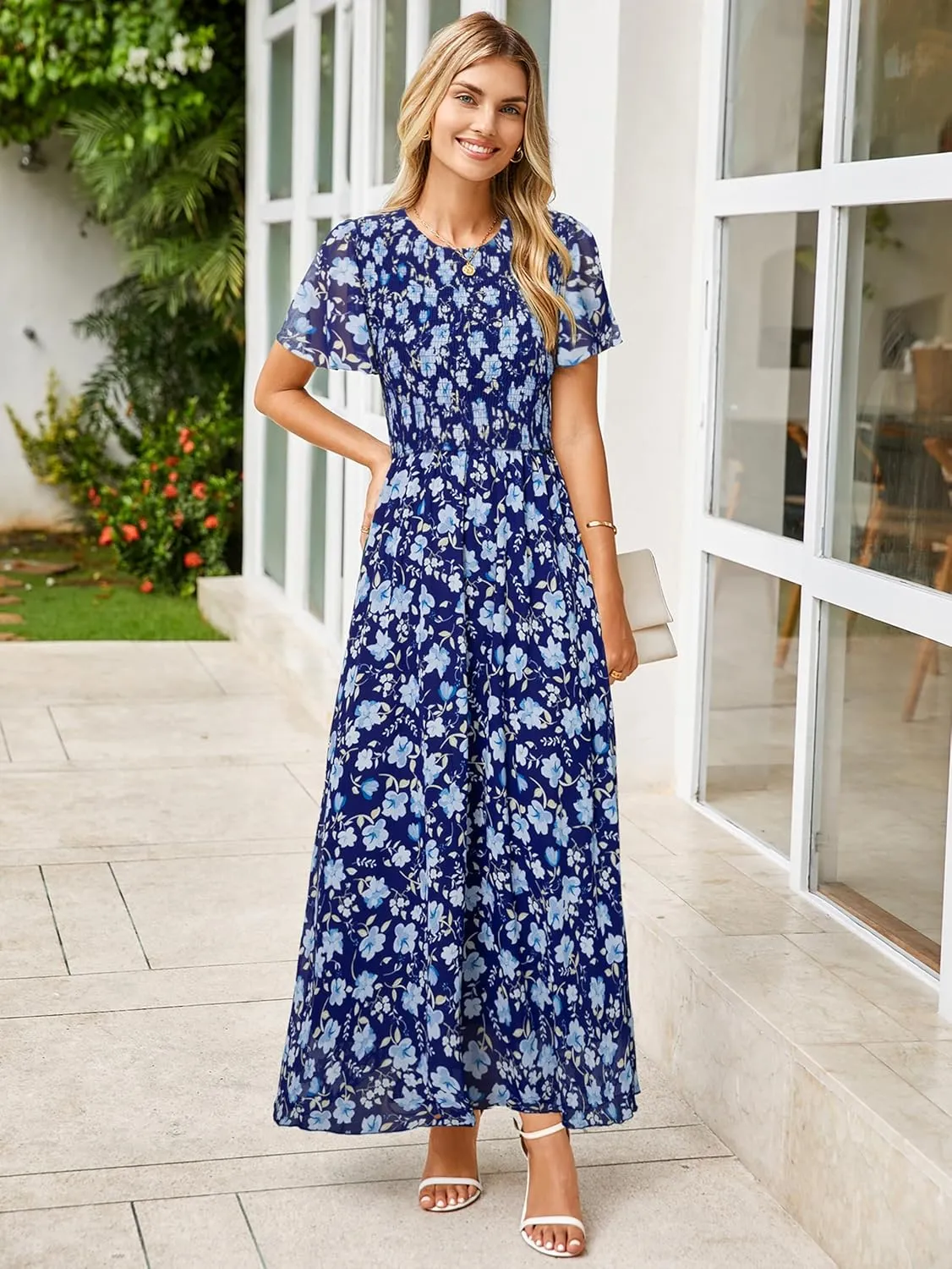 Simplee Womens Summer Floral Casual Maxi Dresses Flutter Short Sleeve Crew Neck Smocked Chiffon Boho Flowy Dress