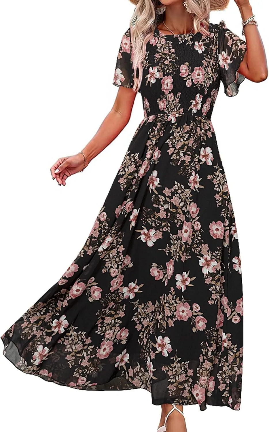 Simplee Womens Summer Floral Casual Maxi Dresses Flutter Short Sleeve Crew Neck Smocked Chiffon Boho Flowy Dress