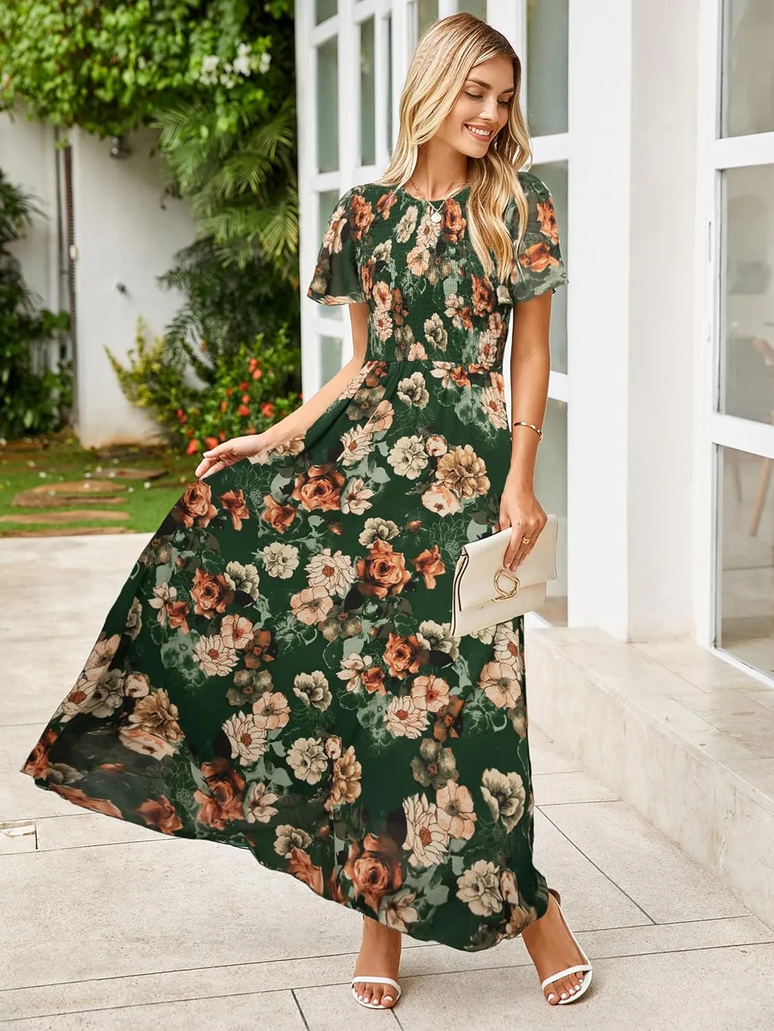 Simplee Womens Summer Floral Casual Maxi Dresses Flutter Short Sleeve Crew Neck Smocked Chiffon Boho Flowy Dress